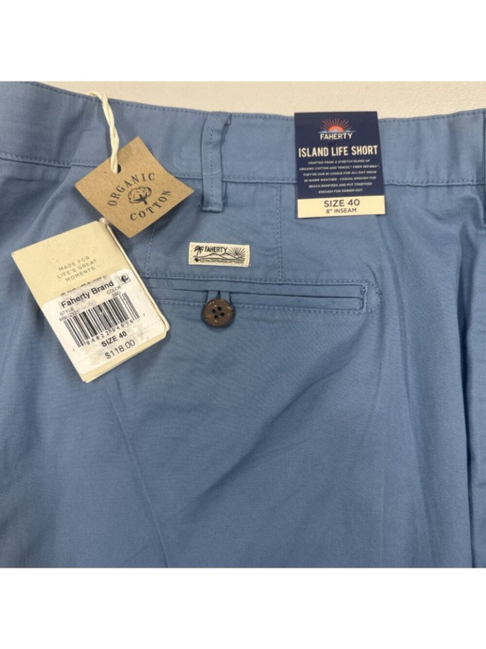 Faherty Island Life Shorts Organic Cotton Size Mens 40 Seaside Blue Chino Preppy - Picture 6 of 9